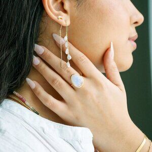 Rainbow Moonstone Ear Threaders Blue Flash Moonstone Dangle Earrings Waterproof